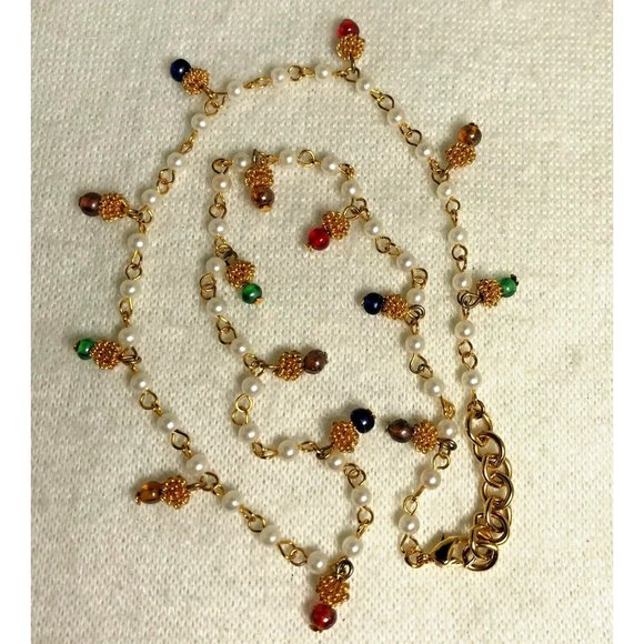 Gold Tone Necklace with Faux Seed Pearls and Multi-Color Beads - 17" Long - Picture 2 of 4